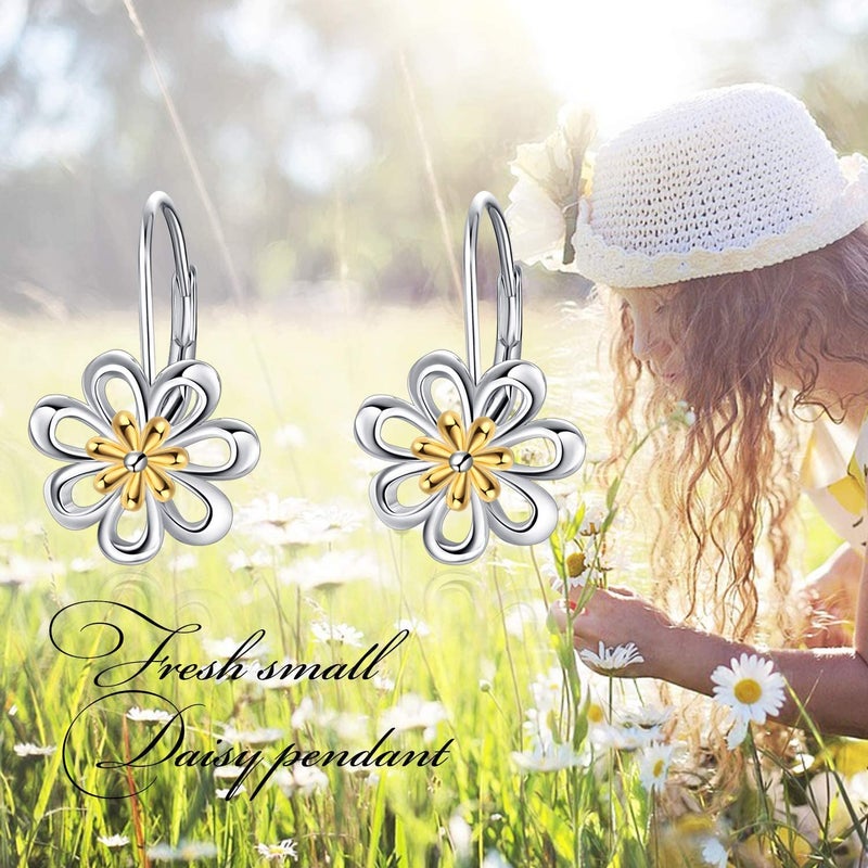 LUHE Daisy Earrings Gifts for Women Sterling Silver Flower Leverback Dangle Hoop Jewelry Christmas Gifts - Image 3